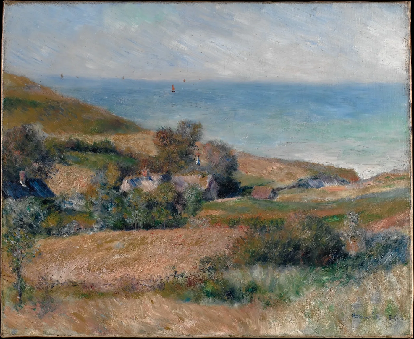 A grassy coastal valley with small cottages tucked among bushes above a wide blue sea dotted with tiny sailboats, in ochre, green and blue