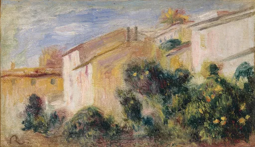 Ochre and white villa rooftops seen past a dense flowering garden hedge under a pale blue sky, in yellow, green and blue