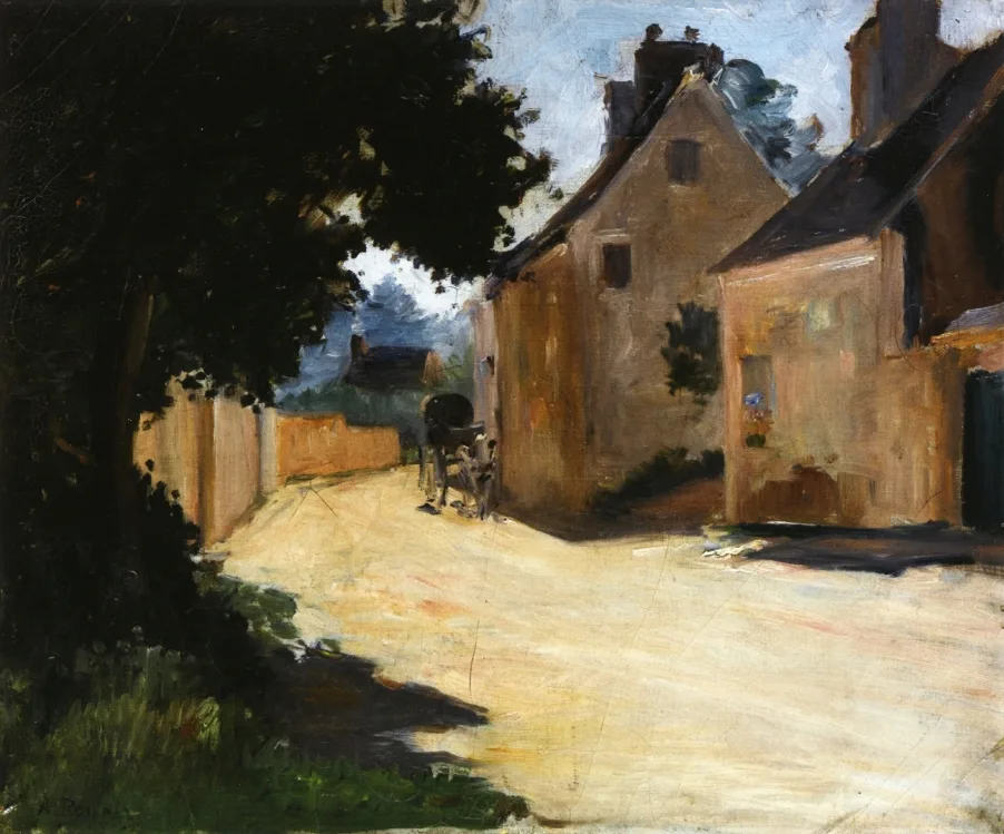 A sunlit village street between stone houses and a dark shade tree, in warm ochre, cream, and deep green