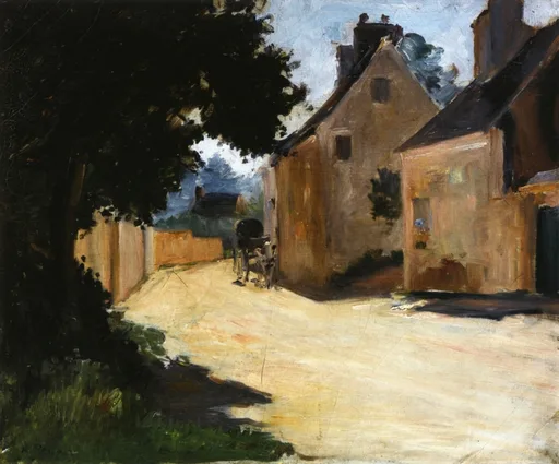 A sunlit village street between stone houses and a dark shade tree, in warm ochre, cream, and deep green
