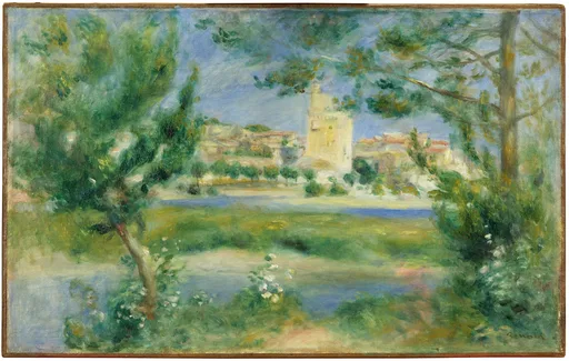 A stone tower and village rooftops glimpsed through a framing arch of leafy trees over a green meadow, in bright green, blue, and cream tones