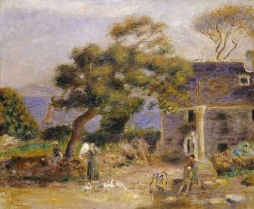 Villagers and geese gather in a farmyard beside a stone house and a large shade tree, with the sea beyond, in earthy brown, olive, and lavender tones.