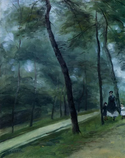 A woman and two children walking along a wooded path beneath tall dark trees, in deep green, grey, and white