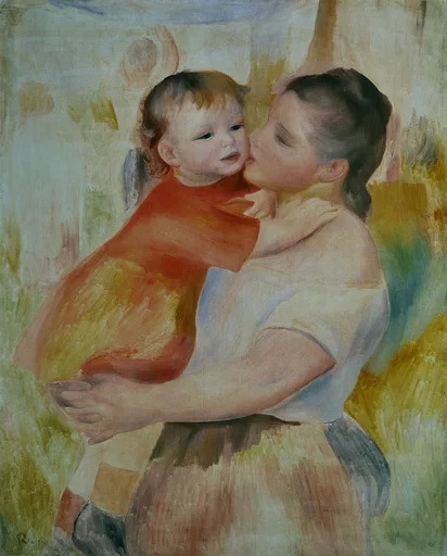 A woman holds and kisses the cheek of a child in a red dress against her shoulder, painted in soft peach, red, and pale green tones