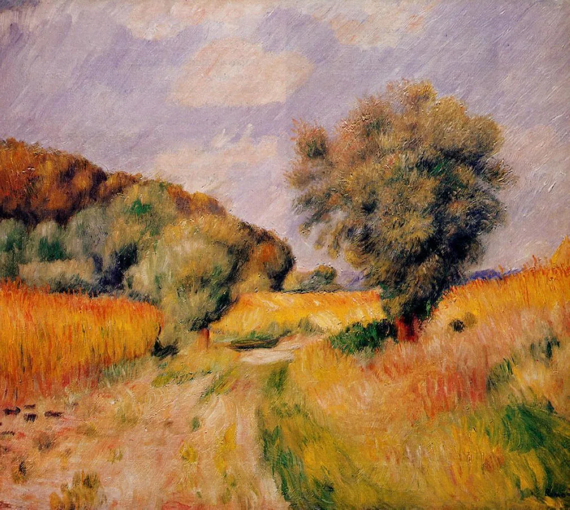 A golden wheat field with a footpath and a leafy tree beneath a lavender sky, in ochre, green, and violet