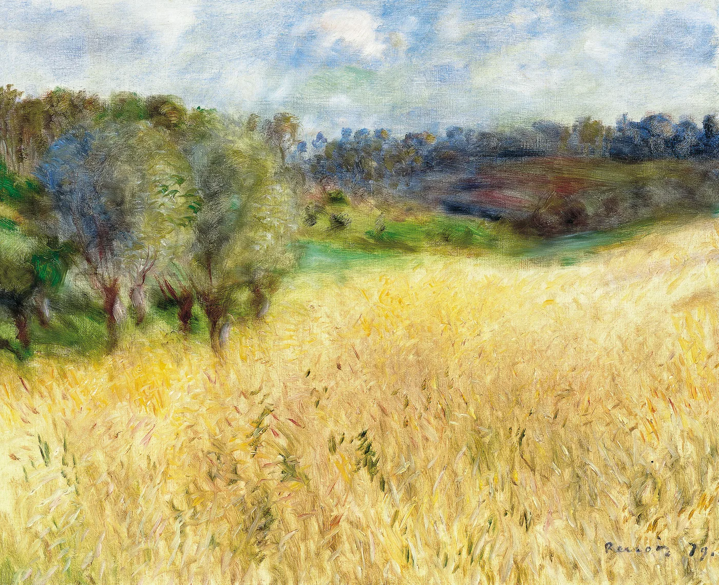 A golden wheat field stretches toward wooded hills under a light blue sky, painted in warm yellow, green, and blue tones