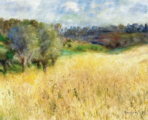 A golden wheat field stretches toward wooded hills under a light blue sky, painted in warm yellow, green, and blue tones