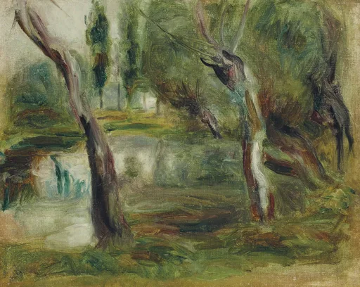 A gnarled willow tree beside a still pond in a wooded clearing, in deep green, brown, and muted blue