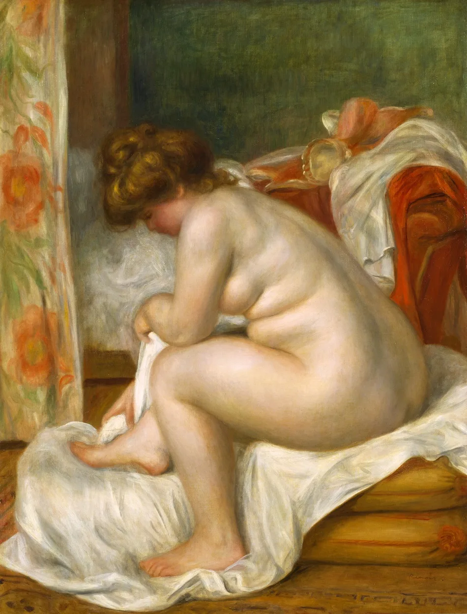 A nude woman seated on white drapery drying her foot after bathing, in warm flesh tones, cream, and deep green