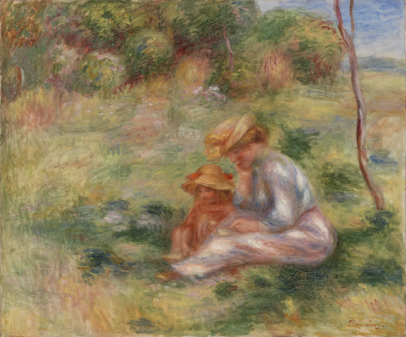 A woman and a small child in straw hats sit together in a grassy meadow bordered by trees, in soft green, blue, and cream tones