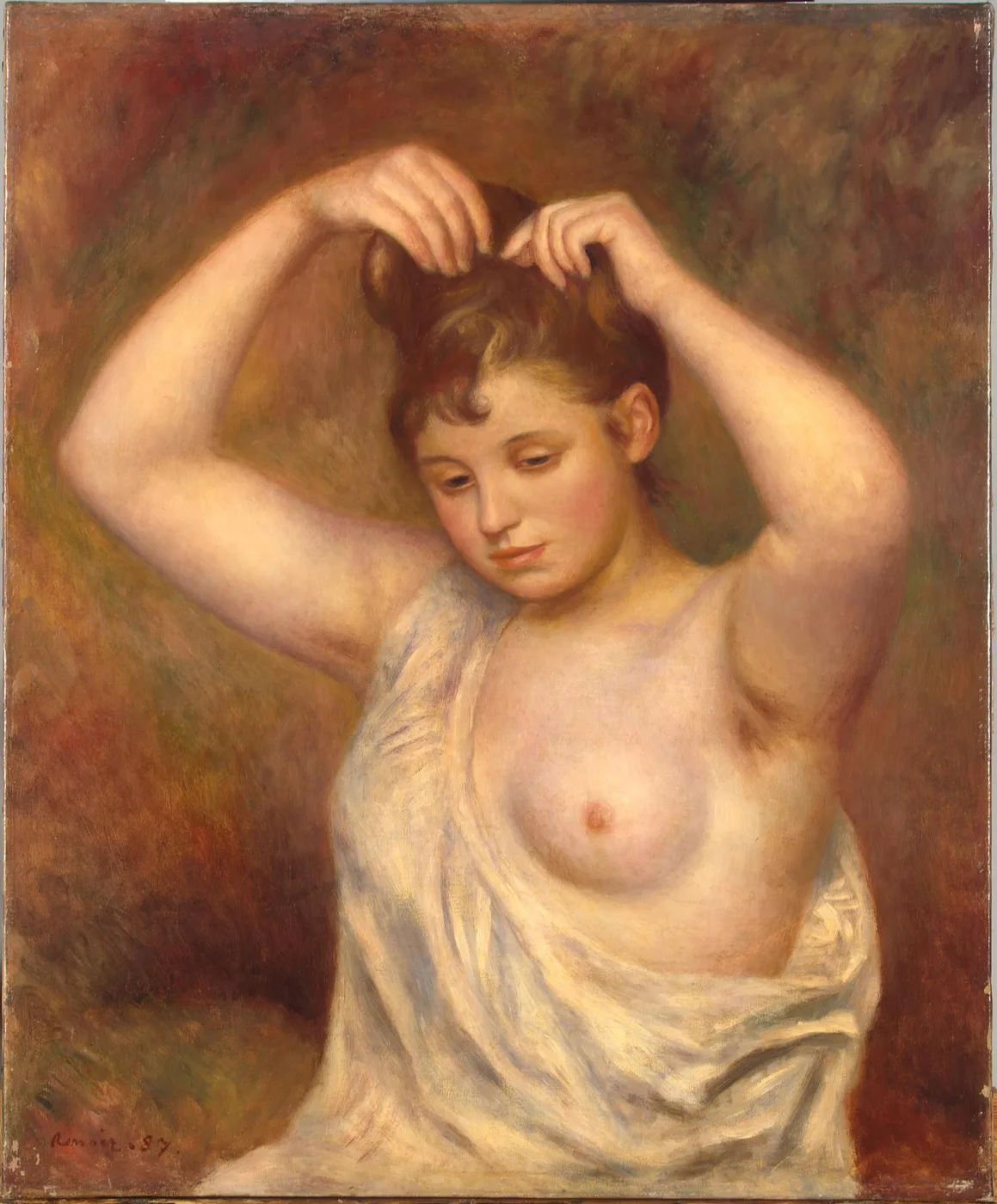 A bare-breasted young woman with a loose white slip raising both arms to arrange her hair, against a warm reddish brown background