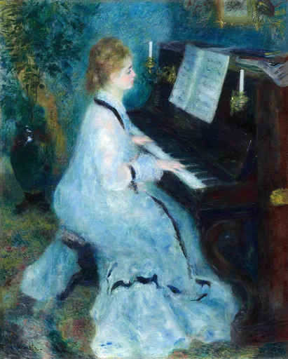 A woman in a pale blue dress plays an upright piano lit by candles beside potted greenery, in deep blue and soft white tones
