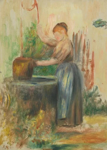 A young woman in a blue skirt drawing water at a stone well with a jug, surrounded by green foliage