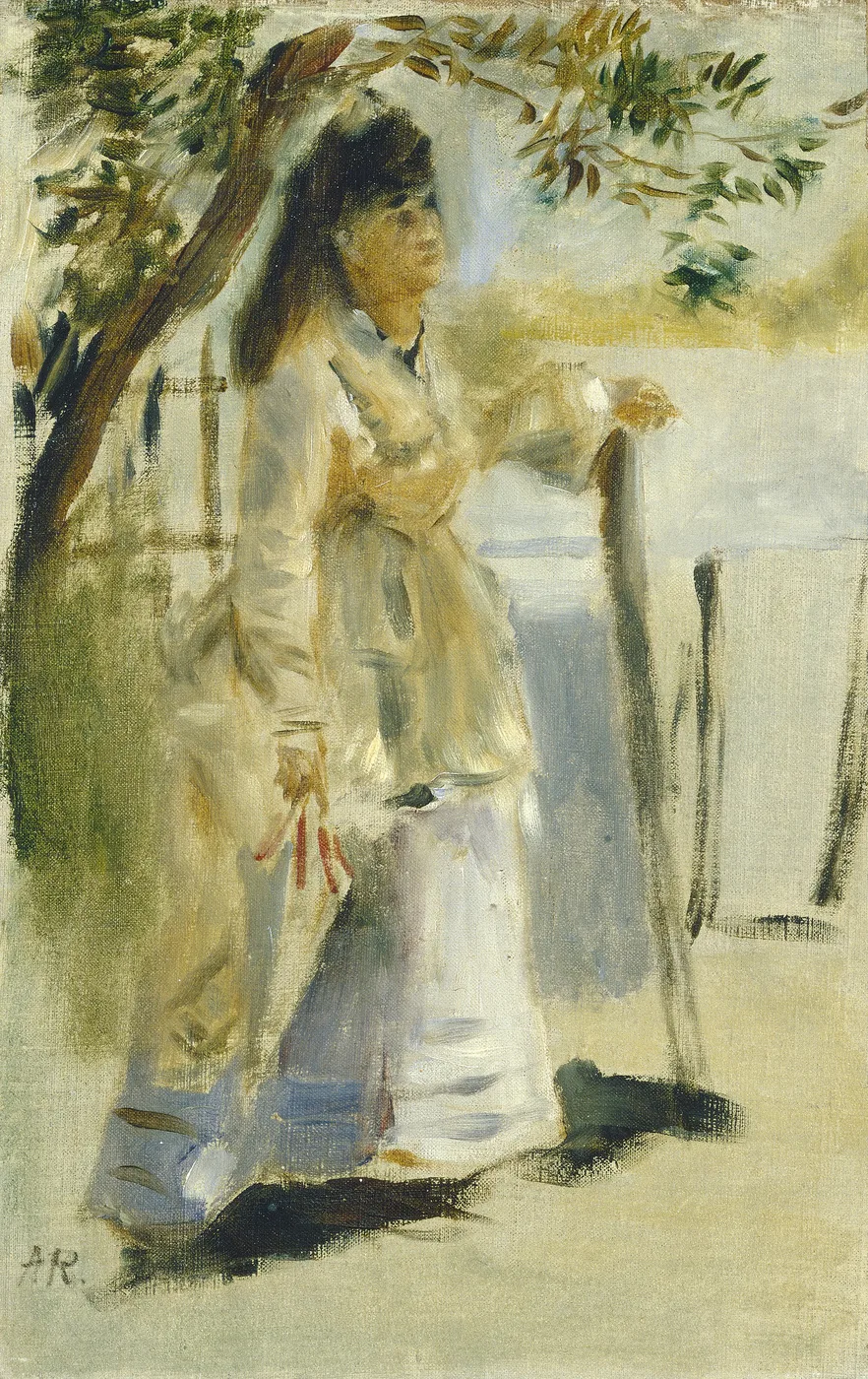 A young dark-haired woman in a pale dress rests her hand on a wooden fence post beneath a tree, in muted cream, olive, and grey tones