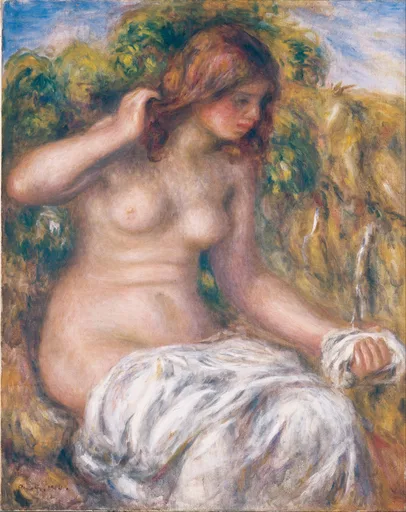 A seated nude woman with a white cloth draped over her lap touches her auburn hair beside a trickling spring, in warm flesh, gold, and green tones