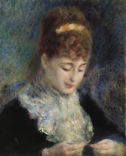 A woman in a black dress with a ruffled white collar bows her head over her crocheting, in soft blue, cream, and auburn tones