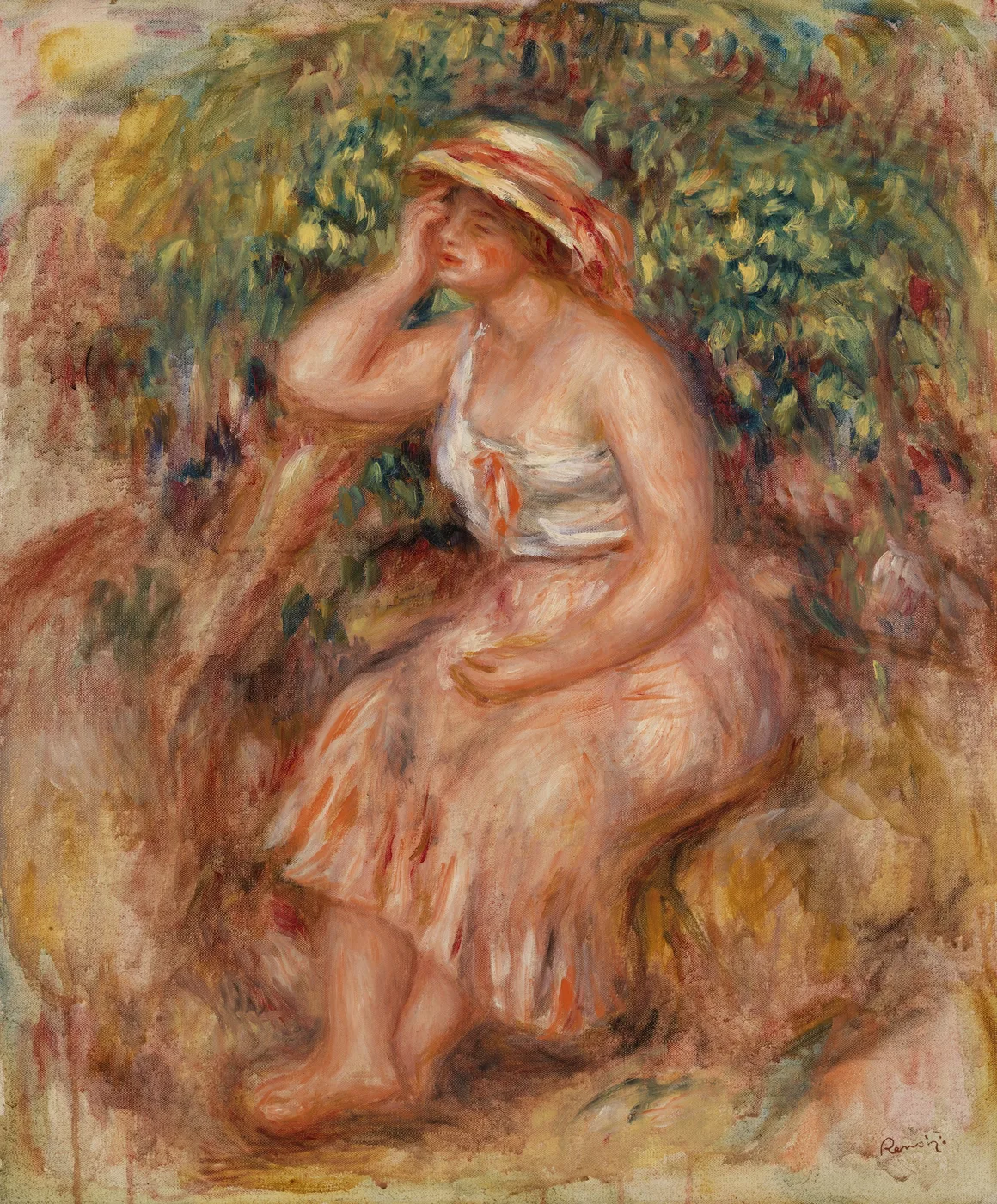 A seated woman in a straw hat and loose white blouse rests her head on her hand amid dense foliage, in warm peach, rust, and green tones