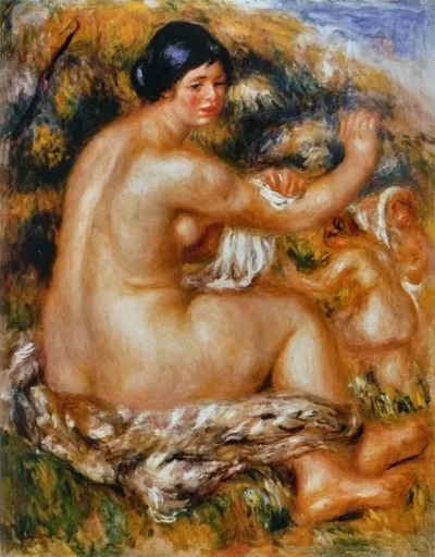 A nude bather seen from behind drying herself with a white cloth, seated outdoors in warm golden ochre tones