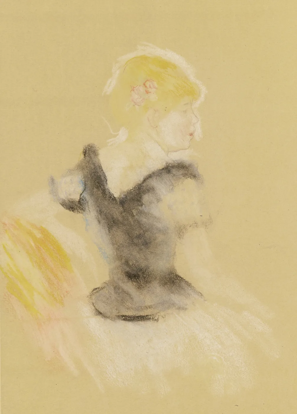 A pastel sketch of a woman seen from behind, head in profile, blond hair with pink flowers, dark bodice on tan paper