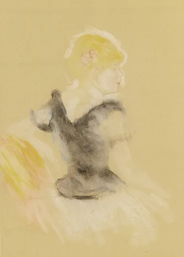 A pastel sketch of a woman seen from behind, head in profile, blond hair with pink flowers, dark bodice on tan paper