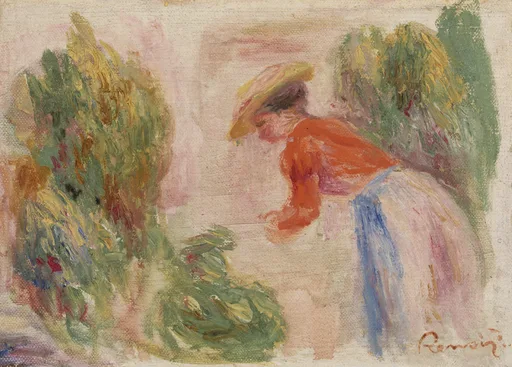 A woman in a straw hat and red blouse bends to gather flowers between garden shrubs, in soft pink, orange, and green tones