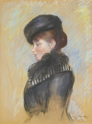 A pastel profile portrait of a woman in a black toque and dark coat with striped scarf, on golden ochre paper