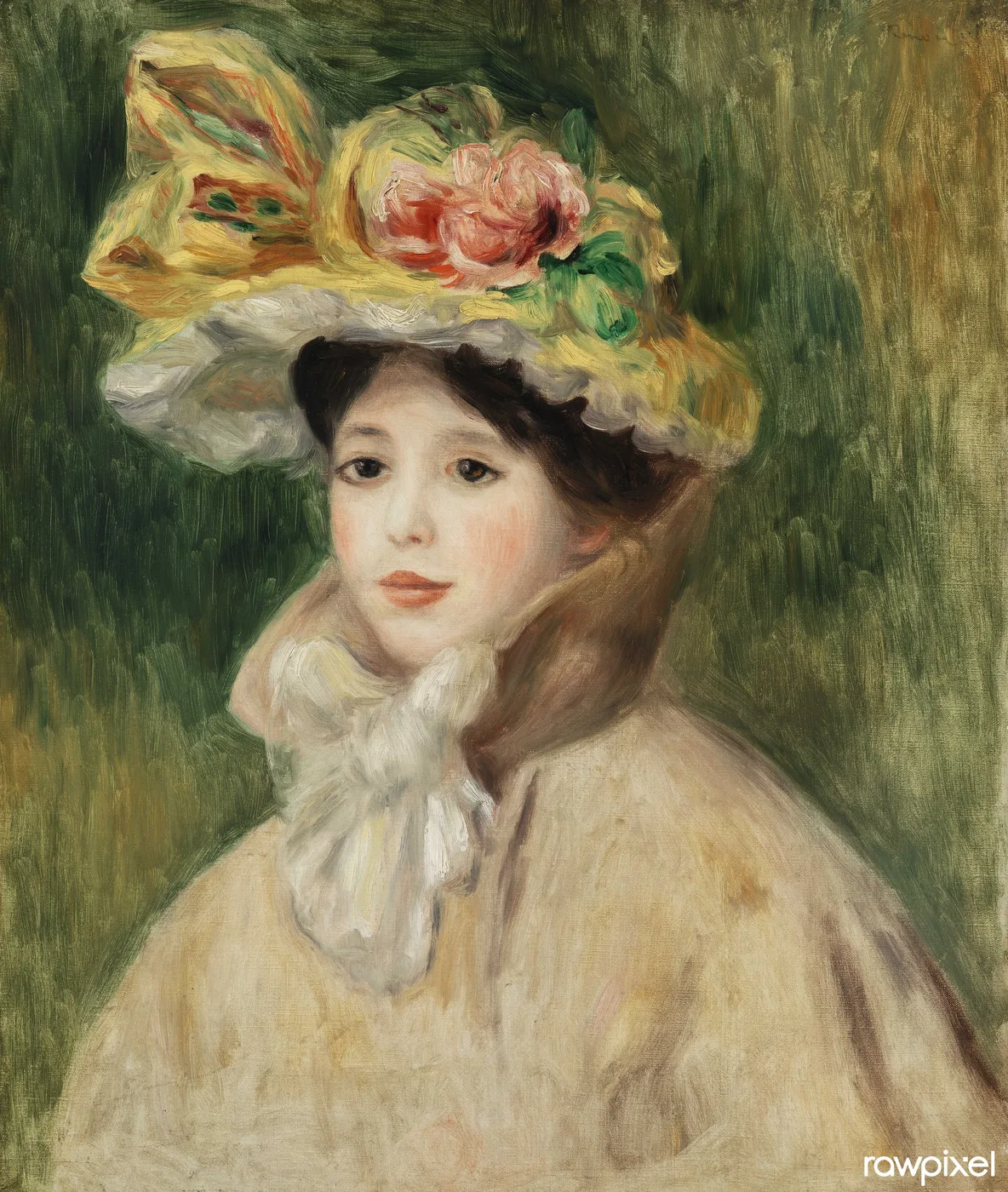 A young woman's portrait in a wide yellow bonnet decorated with pink roses, against a deep green background