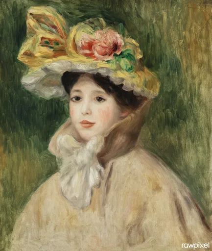 A young woman's portrait in a wide yellow bonnet decorated with pink roses, against a deep green background