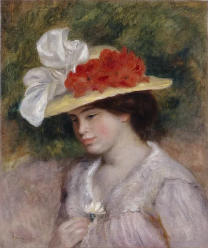 A woman in a straw hat trimmed with red poppies and a white bow tilts her head downward, wearing a lace-collared blouse, against a dark green background