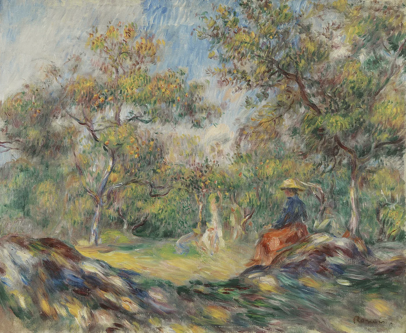 A wooded clearing with a woman in a straw hat and orange skirt seated among trees, in green, gold and blue