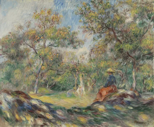 A wooded clearing with a woman in a straw hat and orange skirt seated among trees, in green, gold and blue