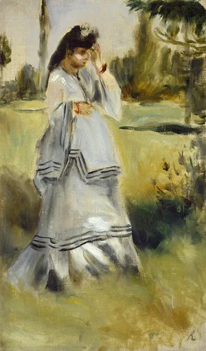 A woman in a long grey striped dress and dark bonnet walks through a park, touching her veil, in soft grey, olive, and cream tones