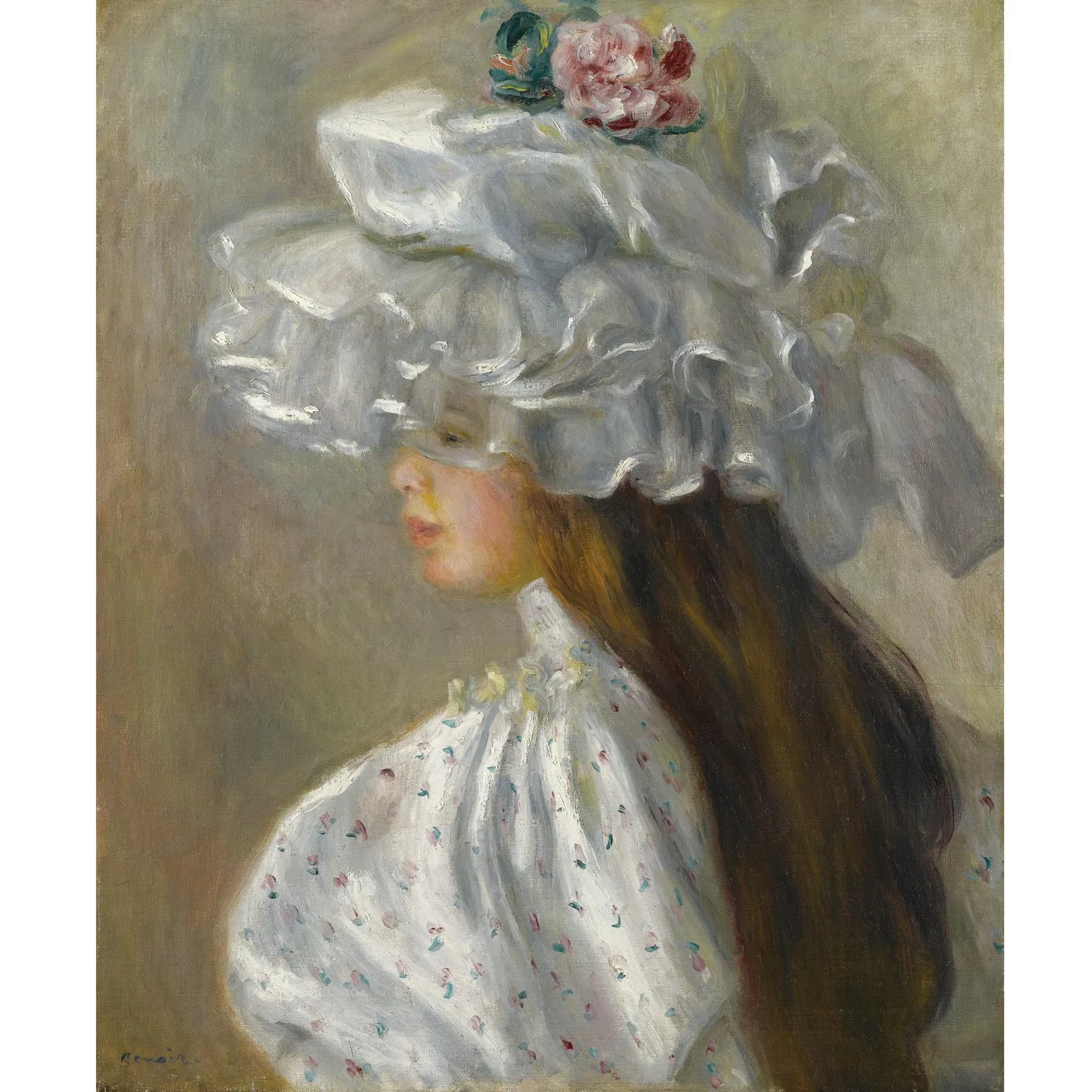 A girl in profile with long brown hair, wearing a large frilled white bonnet with a pink rose, against olive brown