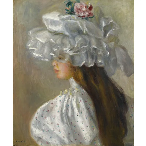 A girl in profile with long brown hair, wearing a large frilled white bonnet with a pink rose, against olive brown