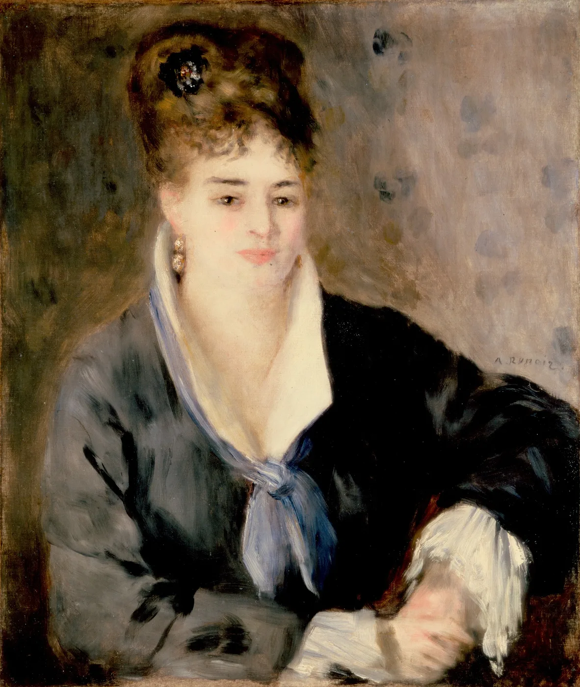 A seated woman with upswept auburn hair and jeweled earrings wearing a black coat with a white collar and blue tie, in warm brown and cream