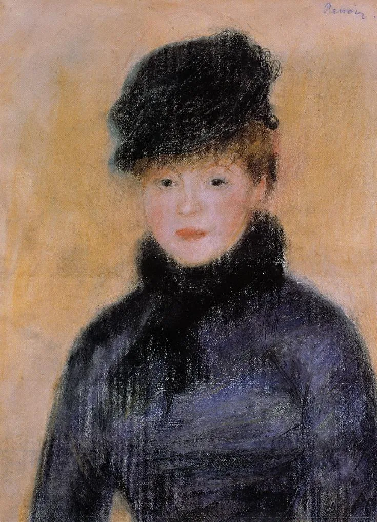 A woman in a dark blue coat with a black fur hat and collar, facing forward against a warm tan background
