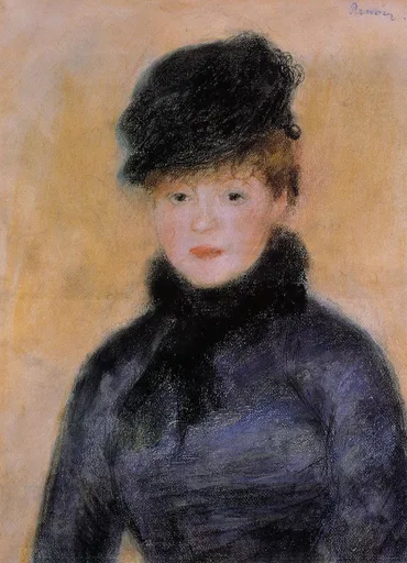 A woman in a dark blue coat with a black fur hat and collar, facing forward against a warm tan background