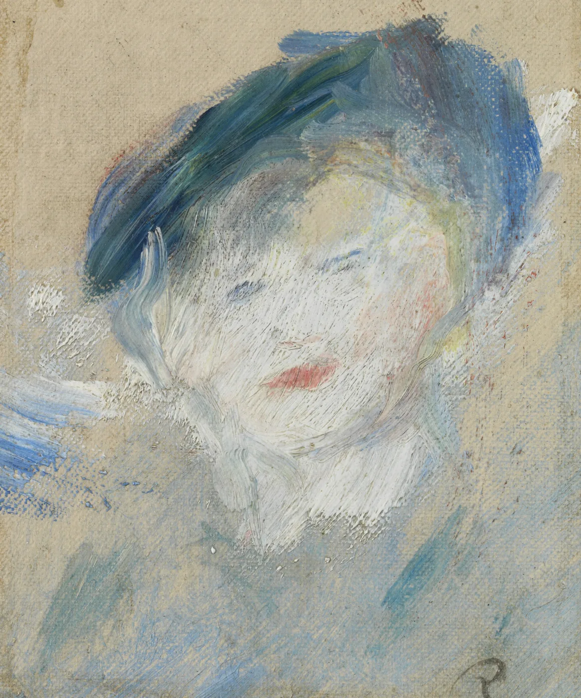 A loosely brushed, unfinished sketch of a woman's face under a blue hat, scumbled in white and blue on beige
