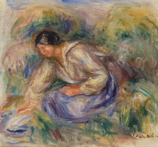 A woman in a blue skirt and white blouse bends forward in a garden, surrounded by loosely brushed foliage in green, gold, and violet tones