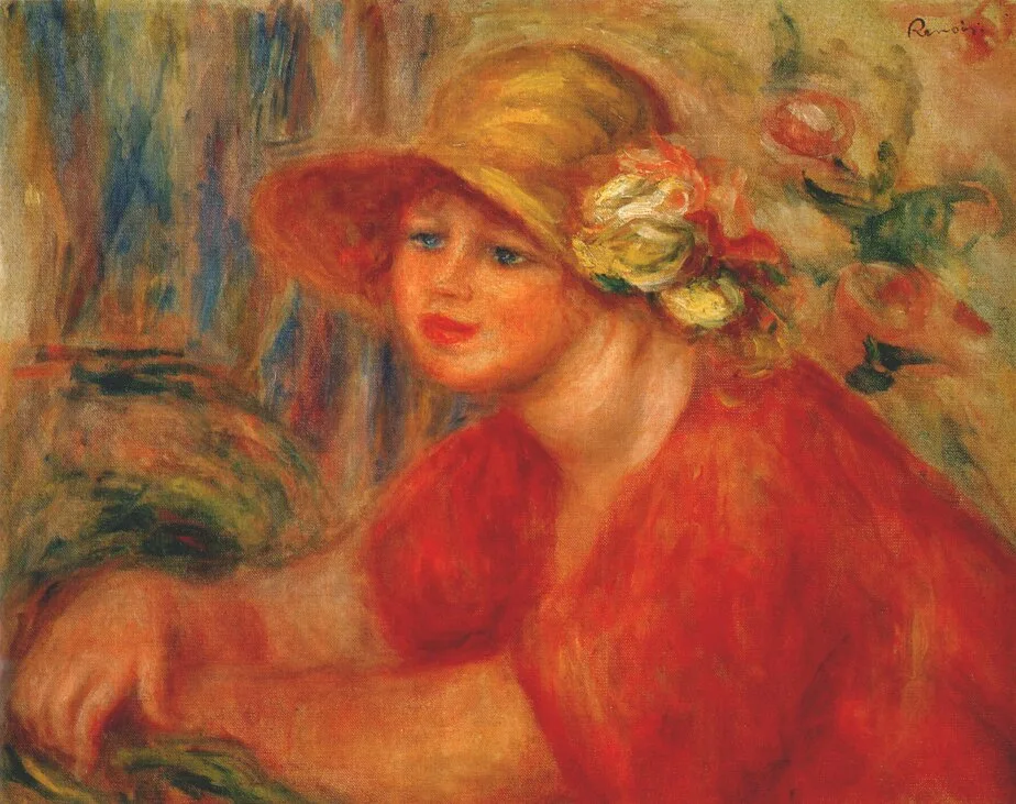 A woman in a flower-trimmed straw hat and vivid red blouse, leaning on crossed hands, in red and gold tones