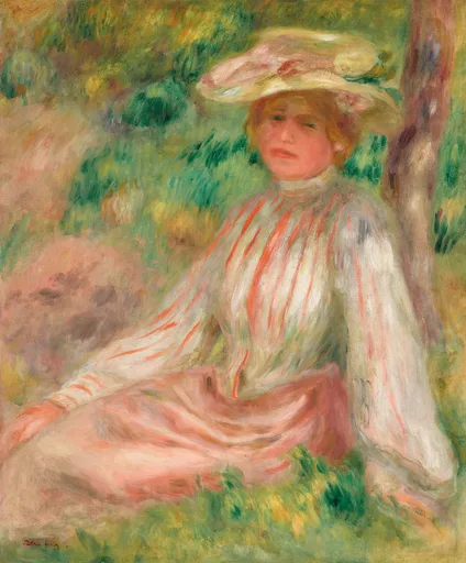 A woman in a straw hat sitting on the grass, wearing a striped blouse and pink skirt, in green and coral
