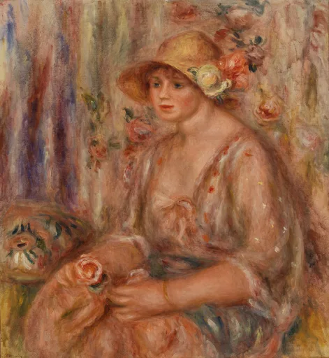 A seated woman in a flowered straw hat and sheer muslin dress holds a rose, surrounded by painted flowers in warm peach and rose tones