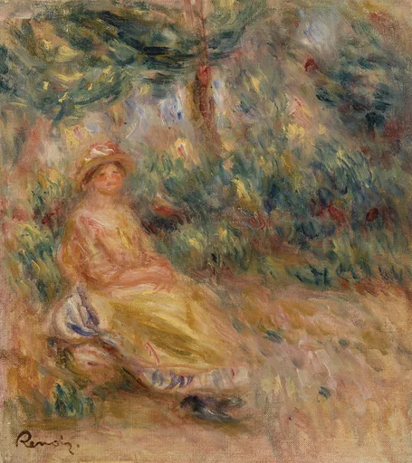 A seated woman in a pink blouse and yellow skirt rests in a wooded garden beneath overhanging branches, in soft pink, gold, and green tones