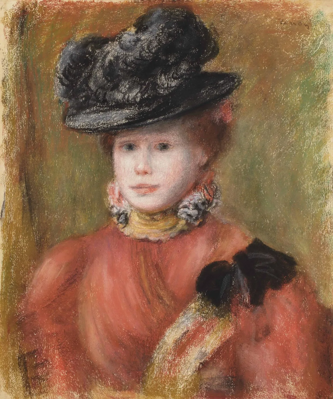 A pastel portrait of a woman in a black feathered hat and coral red blouse with a yellow ruffled collar
