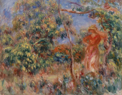 A small figure in a red dress and hat stands amid dense trees and shrubs in a sunlit landscape, in vibrant green, orange, and blue tones