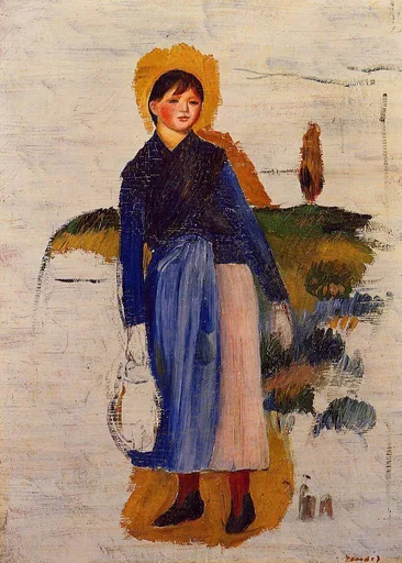 A girl in a straw hat and blue jacket with red stockings, standing and holding a white jug, thinly painted