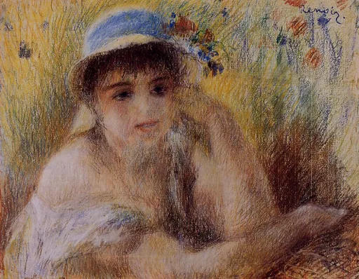 A bare-shouldered girl in a straw hat trimmed with flowers, leaning forward, in golden ochre pastel hatching