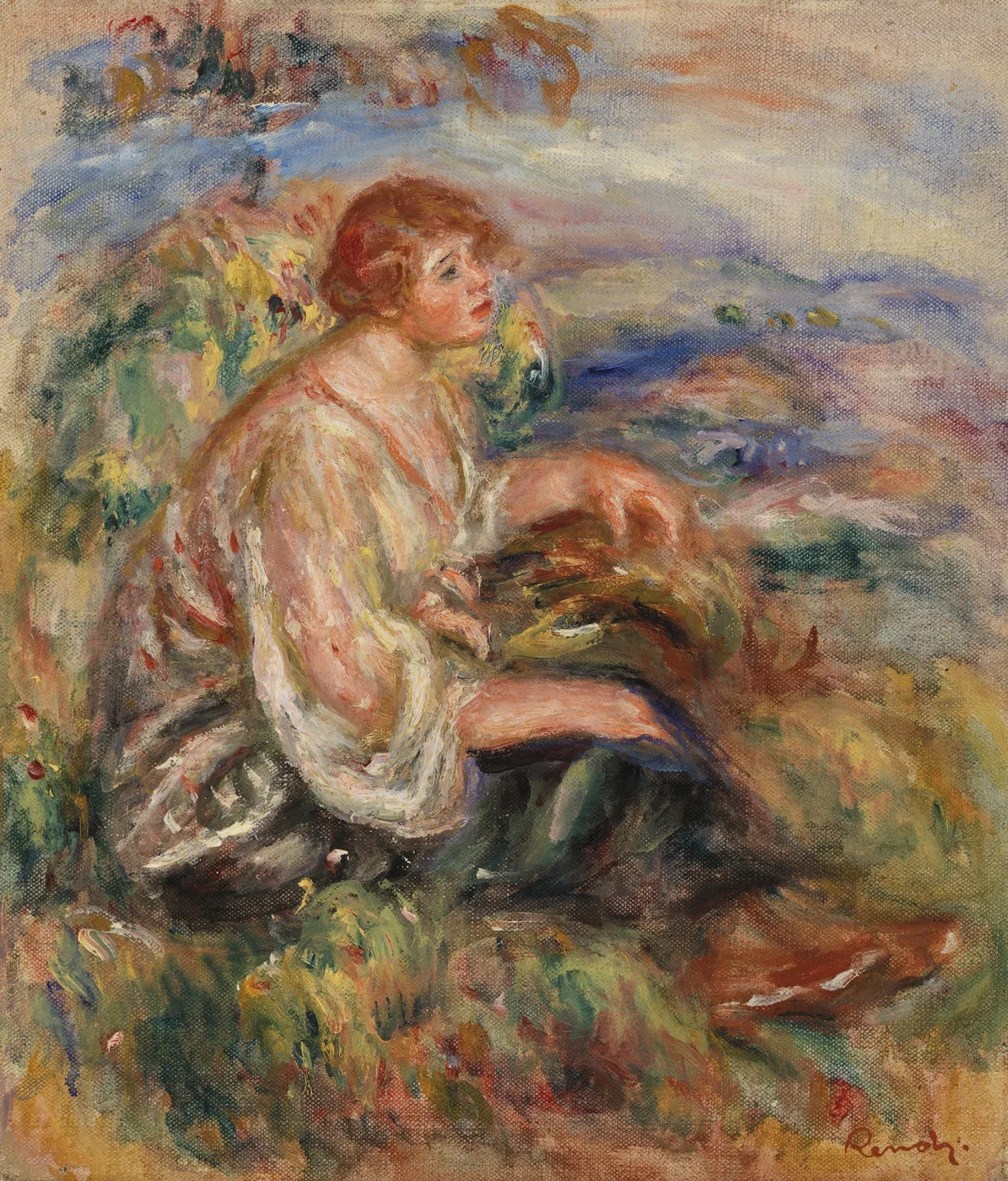 A seated woman in a sheer tulle blouse gazes toward the horizon on a hilltop overlooking water, in soft cream, blue, and green tones
