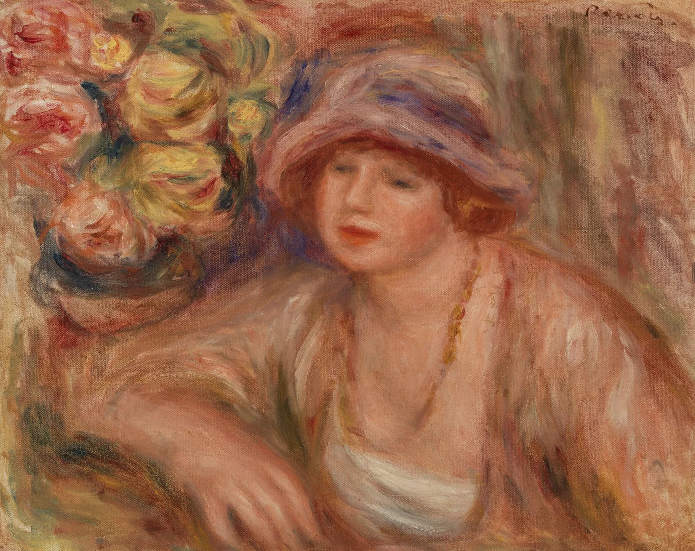 A woman in a wide hat leans on her arm beside a bouquet of roses, in warm rose, peach, and cream tones