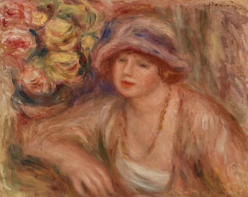 A woman in a wide hat leans on her arm beside a bouquet of roses, in warm rose, peach, and cream tones